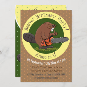 Funny beaver with chainsaw cartoon humor invitation