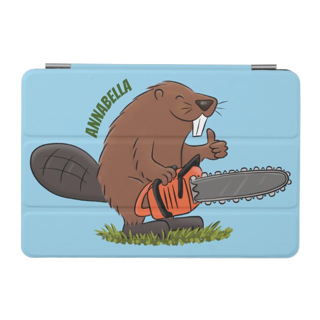 Funny beaver with chainsaw cartoon humor iPad mini cover (Horizontal)