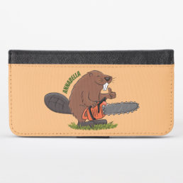 Funny beaver with chainsaw cartoon humor iPhone x wallet case