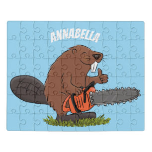 Funny beaver with chainsaw cartoon humor jigsaw puzzle