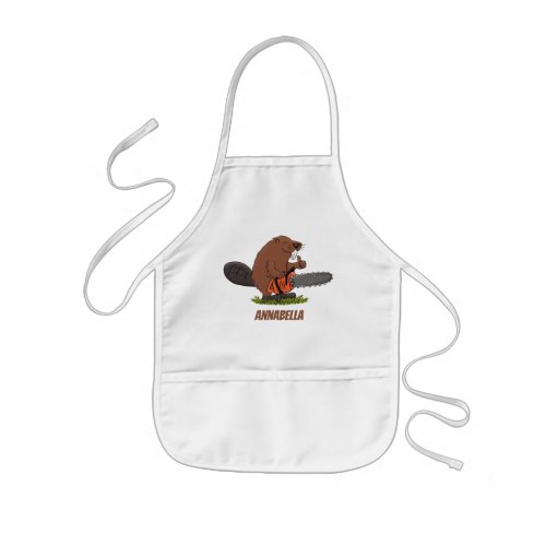 Funny beaver with chainsaw cartoon humor kids apron