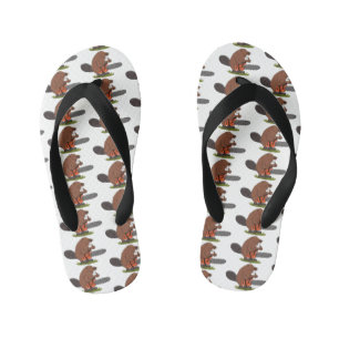 Funny beaver with chainsaw cartoon humor kid's flip flops