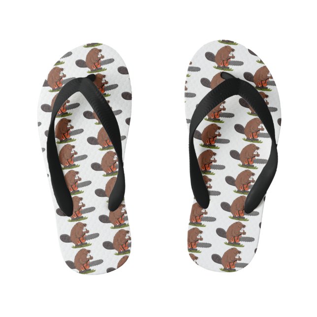 Funny beaver with chainsaw cartoon humor kid's flip flops (Footbed)