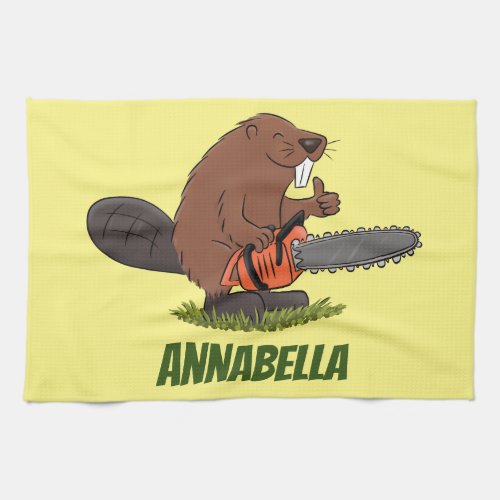 Funny beaver with chainsaw cartoon humor kitchen towel