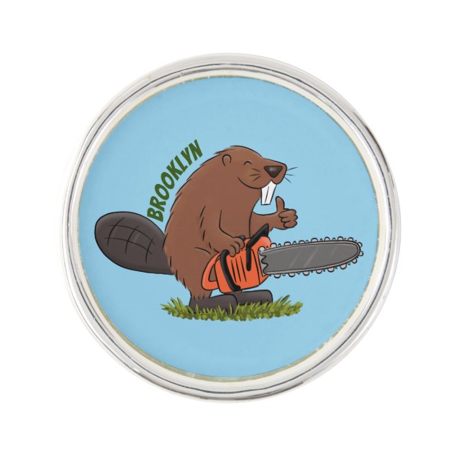Funny beaver with chainsaw cartoon humor lapel pin (Front)