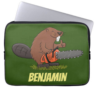 Funny beaver with chainsaw cartoon humor laptop sleeve