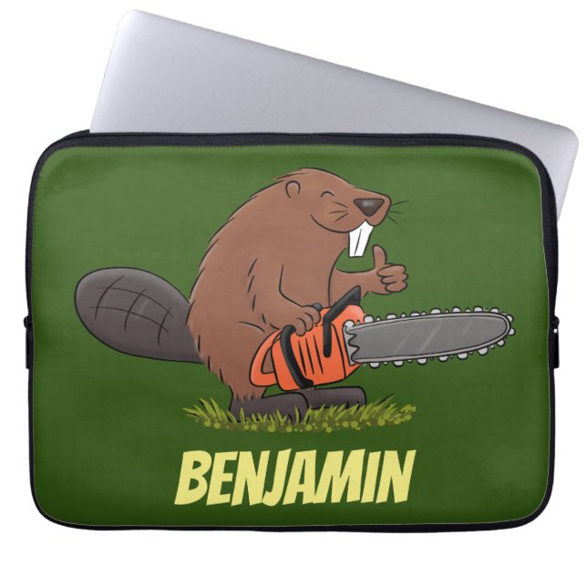 Funny beaver with chainsaw cartoon humor laptop sleeve (Front)