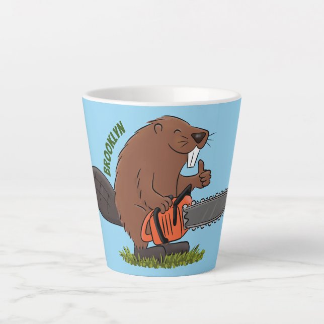 Funny beaver with chainsaw cartoon humor latte mug (Front)