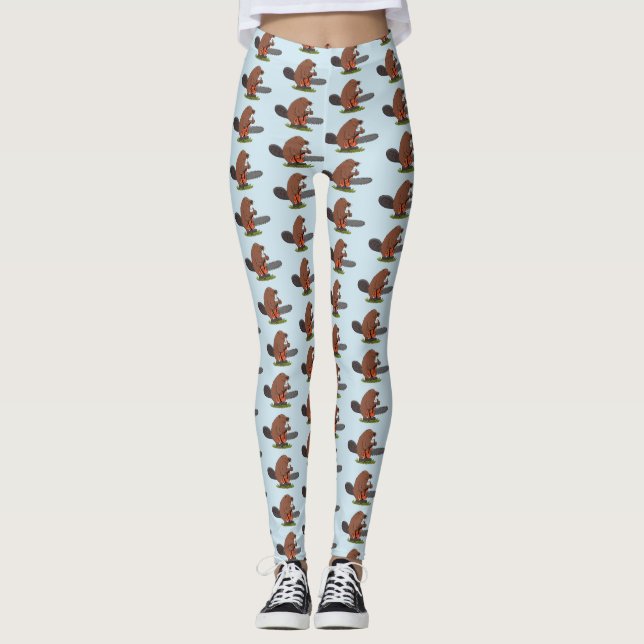 Funny beaver with chainsaw cartoon humor leggings (Front)