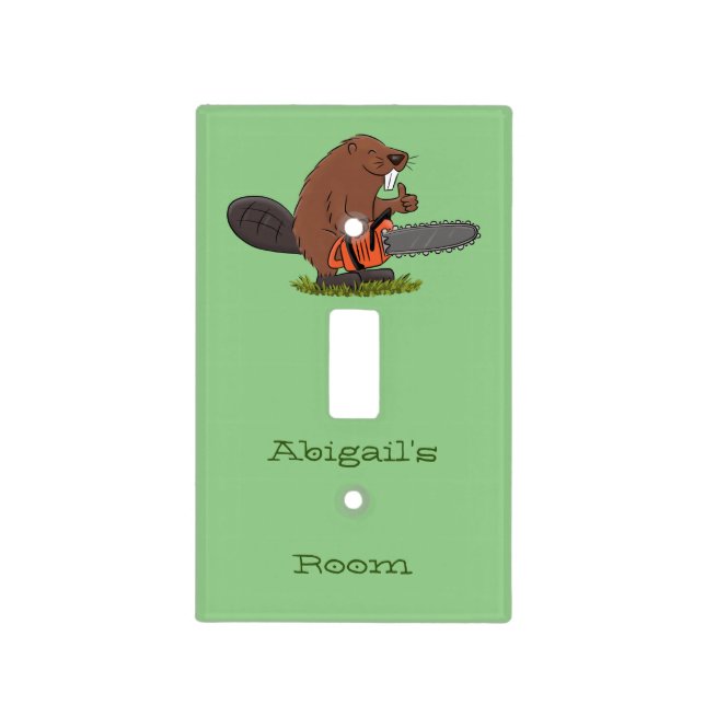 Funny beaver with chainsaw cartoon humor  light switch cover (Front)