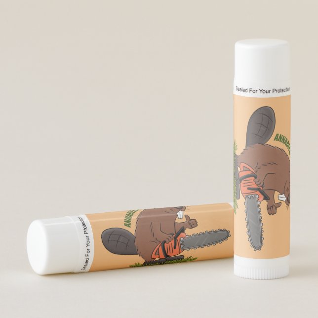 Funny beaver with chainsaw cartoon humor lip balm (Front)