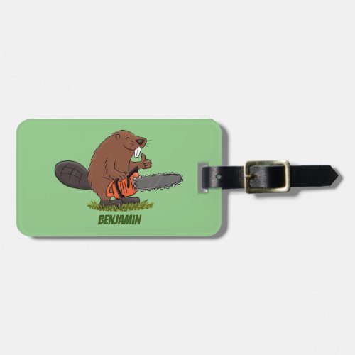 Funny beaver with chainsaw cartoon humor luggage tag
