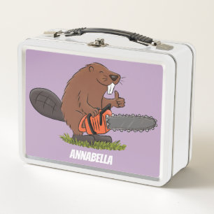 Funny beaver with chainsaw cartoon humor metal lunch box
