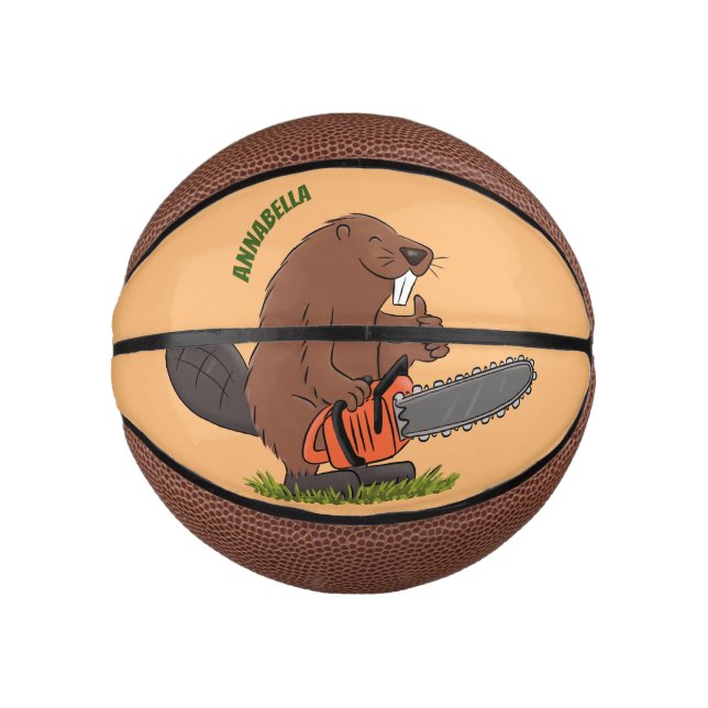 Funny beaver with chainsaw cartoon humor mini basketball (Front)