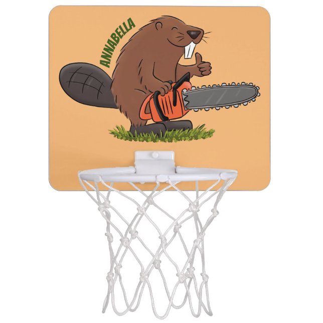 Funny beaver with chainsaw cartoon humor mini basketball hoop (Front)