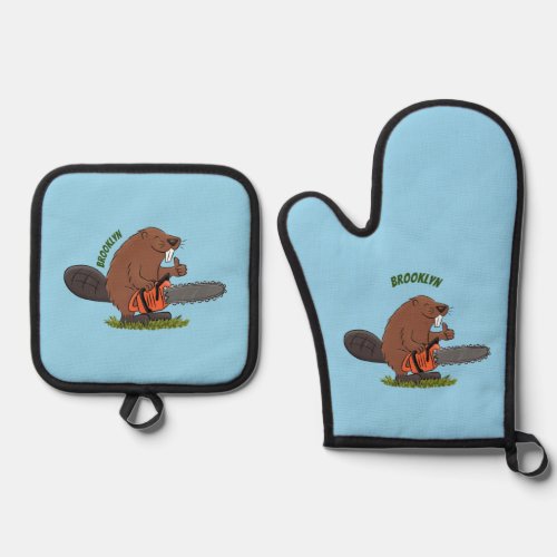 Funny beaver with chainsaw cartoon humor oven mitt  pot holder set
