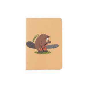 Funny beaver with chainsaw cartoon humor passport holder