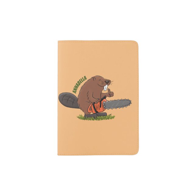 Funny beaver with chainsaw cartoon humor passport holder (Front)