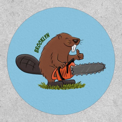 Funny beaver with chainsaw cartoon humor patch