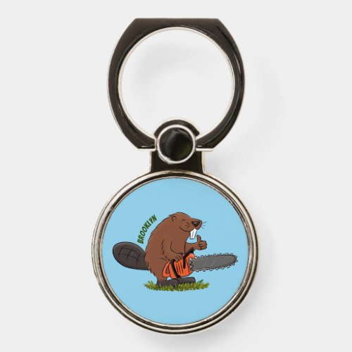 Funny beaver with chainsaw cartoon humor phone ring stand