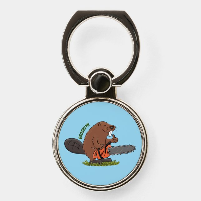 Funny beaver with chainsaw cartoon humor phone ring stand (Front)