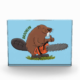 Funny beaver with chainsaw cartoon humor photo block