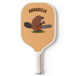 Funny beaver with chainsaw cartoon humor pickleball paddle