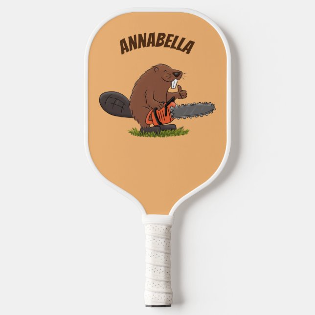 Funny beaver with chainsaw cartoon humor pickleball paddle (Front)