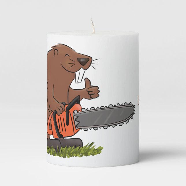 Funny beaver with chainsaw cartoon humor pillar candle (Front)