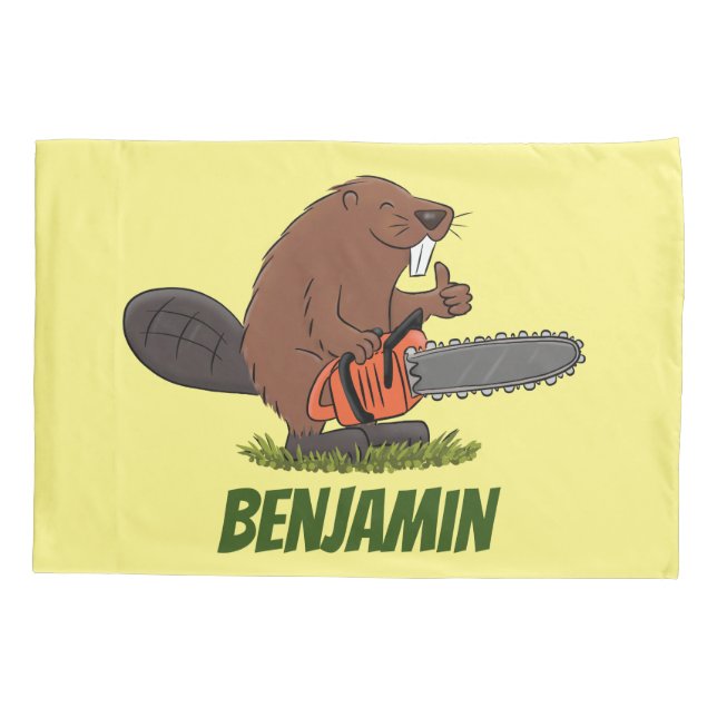 Funny beaver with chainsaw cartoon humor pillow case (Back)