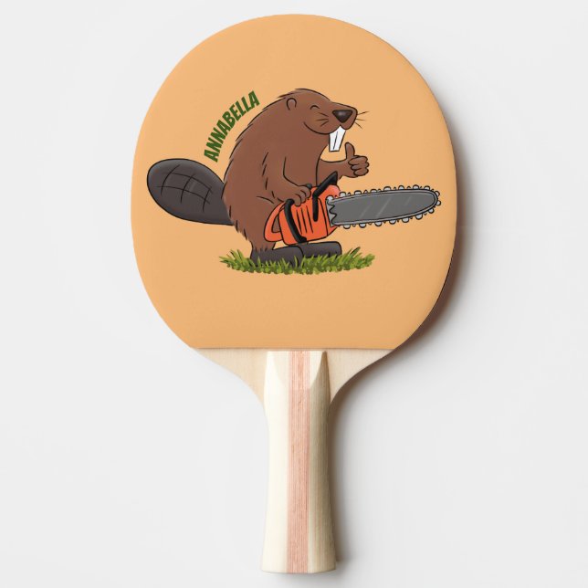 Funny beaver with chainsaw cartoon humor ping pong paddle (Front)