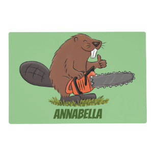 Funny beaver with chainsaw cartoon humor placemat