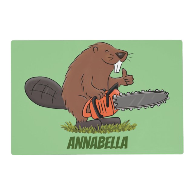 Funny beaver with chainsaw cartoon humor placemat (Front)