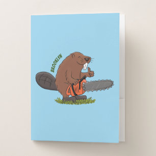 Funny beaver with chainsaw cartoon humor pocket folder