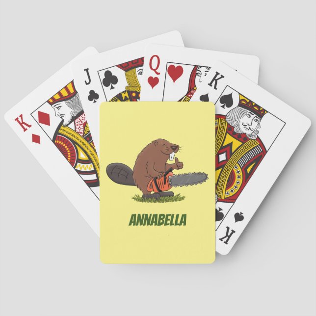 Funny beaver with chainsaw cartoon humor poker cards (Back)