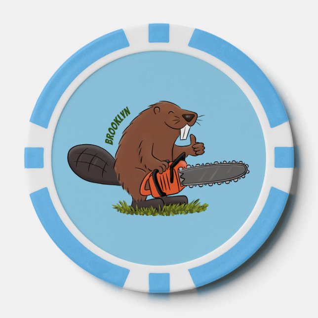 Funny beaver with chainsaw cartoon humor poker chips (Front)