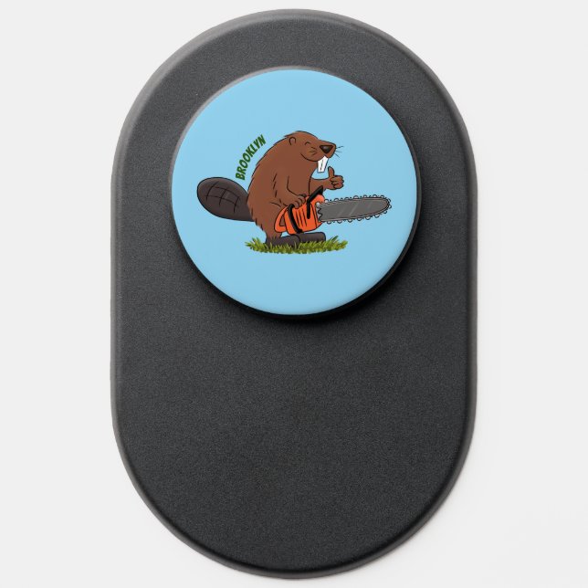 Funny beaver with chainsaw cartoon humor PopSocket (Popsocket)