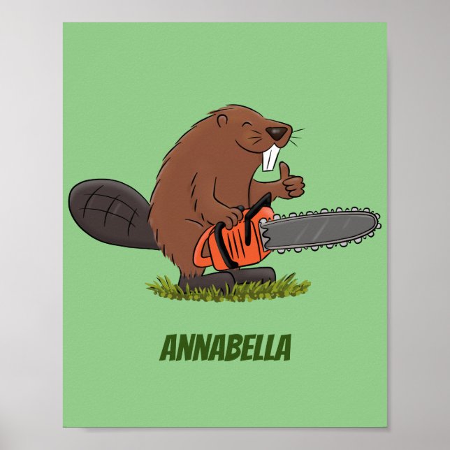 Funny beaver with chainsaw cartoon humor poster (Front)