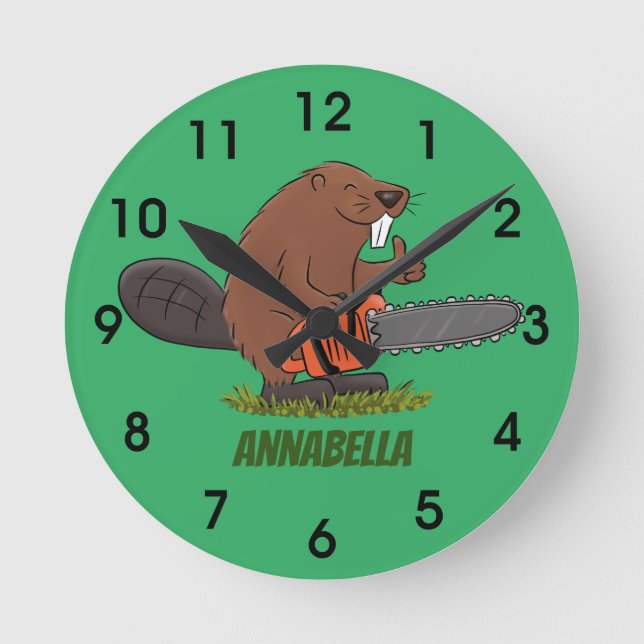 Funny beaver with chainsaw cartoon humor round clock (Front)