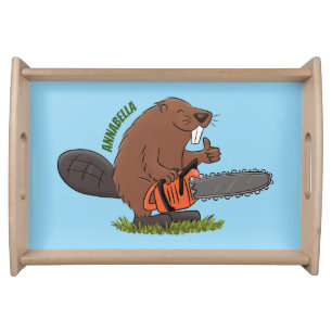 Funny beaver with chainsaw cartoon humor serving tray