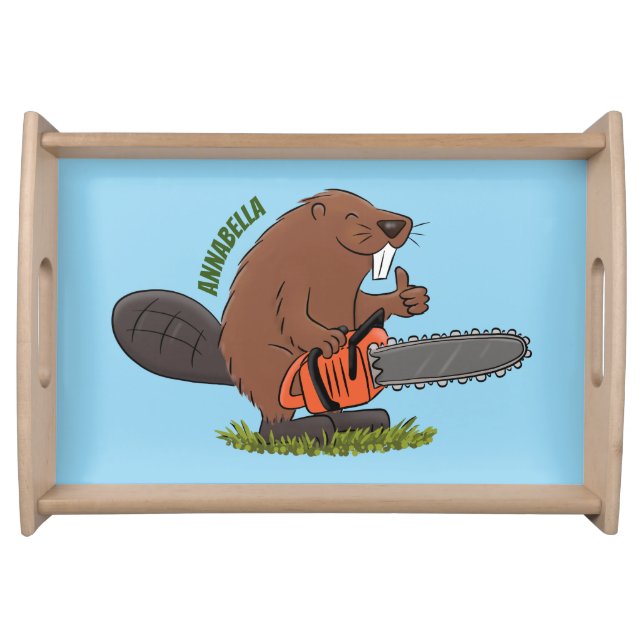 Funny beaver with chainsaw cartoon humor serving tray (Front)