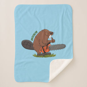 Funny beaver with chainsaw cartoon humor  sherpa blanket