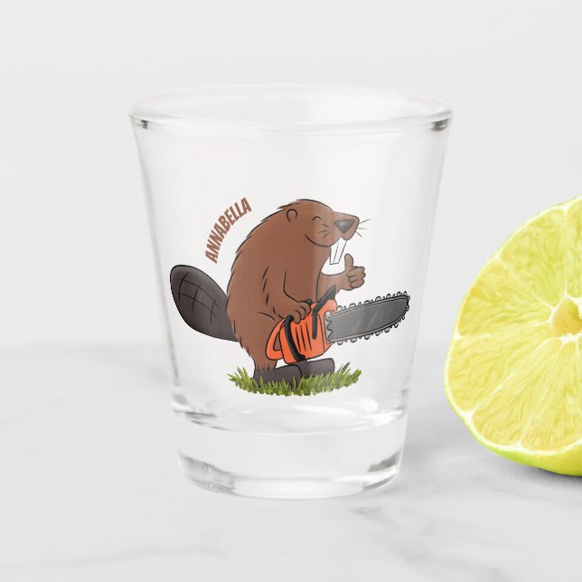 Funny beaver with chainsaw cartoon humor  shot glass (Front)