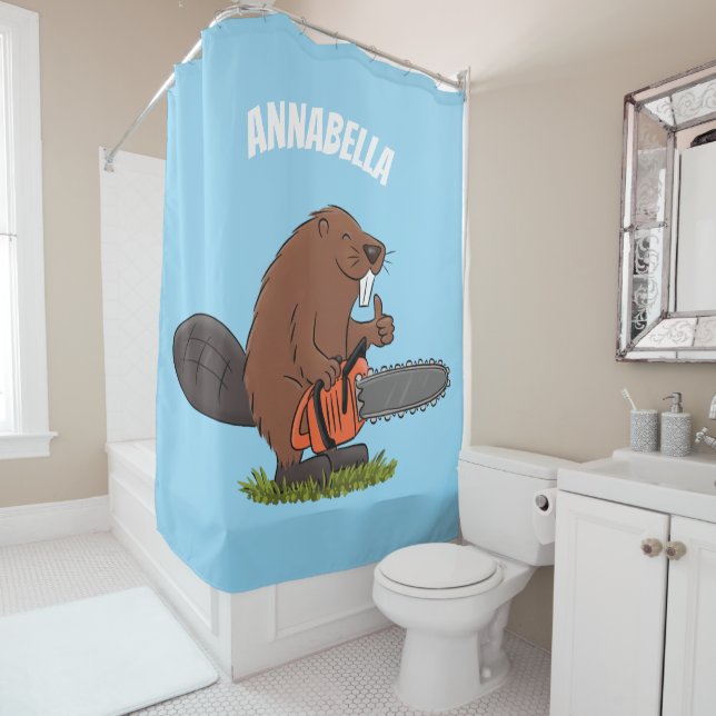 Funny beaver with chainsaw cartoon humor shower curtain (In Situ)