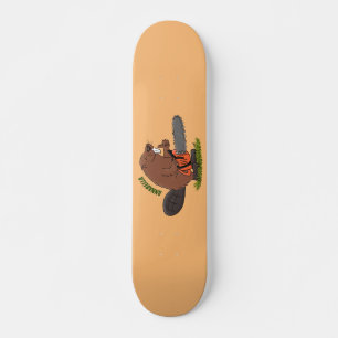 Funny beaver with chainsaw cartoon humor skateboard