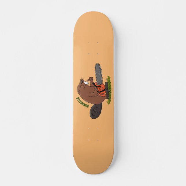 Funny beaver with chainsaw cartoon humor skateboard (Front)