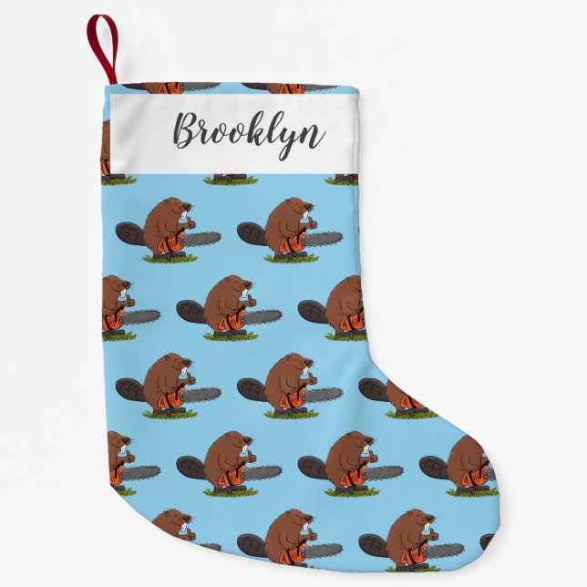 Funny beaver with chainsaw cartoon humor small christmas stocking (Front)