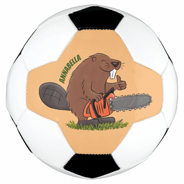 Funny beaver with chainsaw cartoon humor soccer ball (Front)