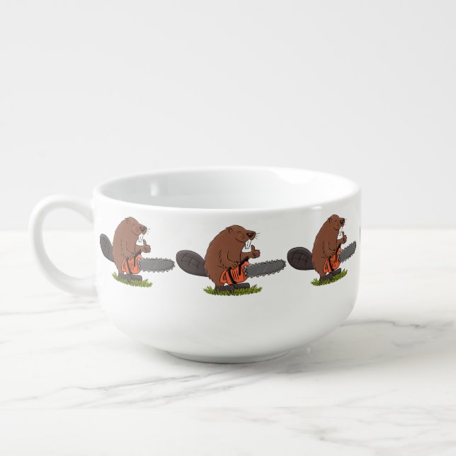 Funny beaver with chainsaw cartoon humor soup mug (Right)