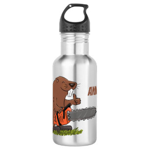 Funny beaver with chainsaw cartoon humor stainless steel water bottle